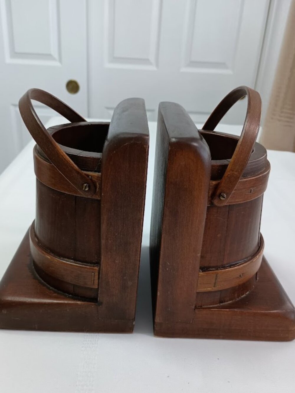 Vintage Wooden Half Bucket Bookends/Vases with Moveable Handles